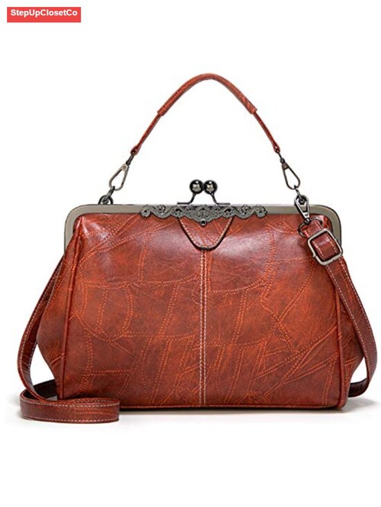 Handbags - Women Retro Kiss Lock Handbag Satchel PU Leather Shoulder Crossbody Tote